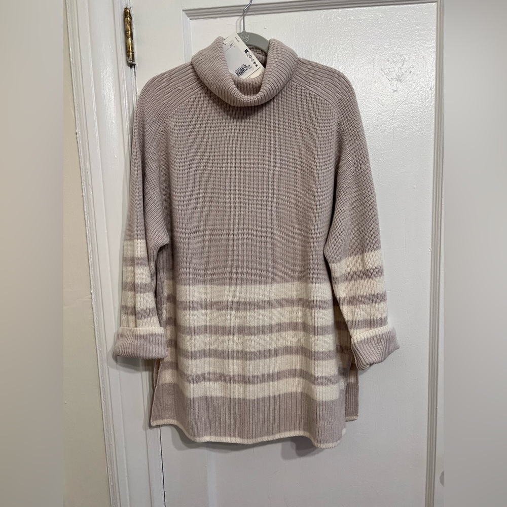 COS Roll Neck Striped Sweater Wool Blend Chunky Knit Oversized, Large, Tan